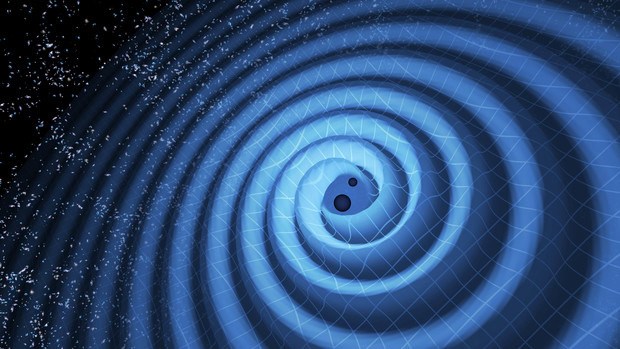 A 3D illustration of two black holes about to collide. They appear to be warping the space around them, like ripples in water.