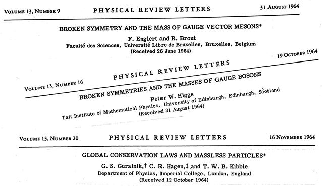 Headlines of the three separate papers published in 1964 that all discuss the concept of 'broken symmetries'. They are 'Broken symmetry and the mass of gauge vector mesons', 'Broken symmetries and the masses of gauge bosons', and 'Global conservation laws and massless particles'.