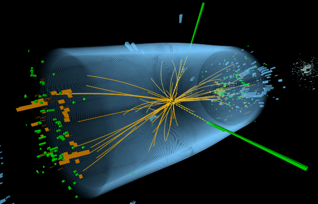 Image of an event recorded in the CMS detector showing the production of two photons.