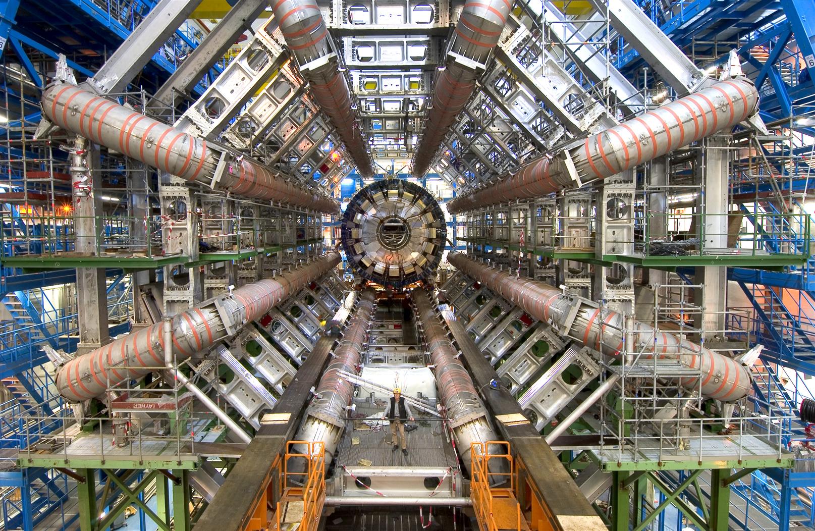 A view inside ATLAS during construction of the Large Hadron Collider.