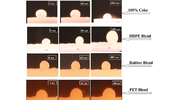 shows a comparison of a reaction product, a droplet of iron, forming as the slag is reacts with carbon