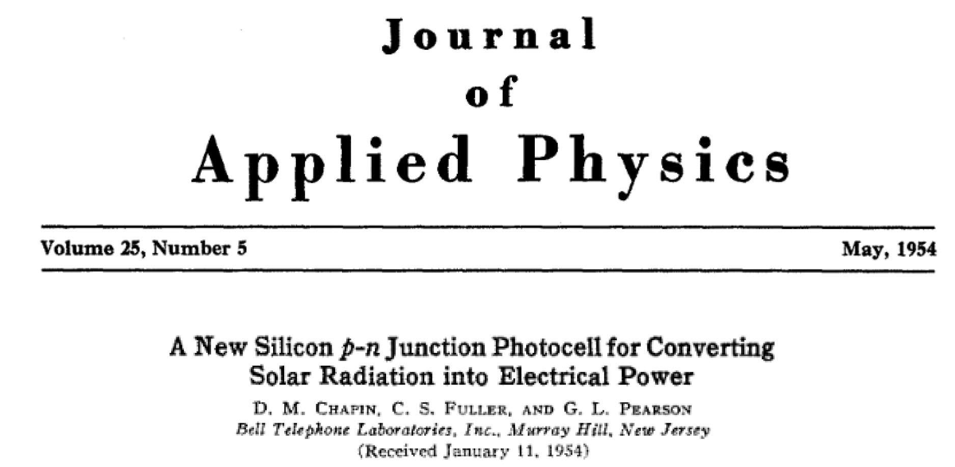 The title of a paper from the Journal of Applied Physics on converting solar radiation into electrical power, dated May 1954.