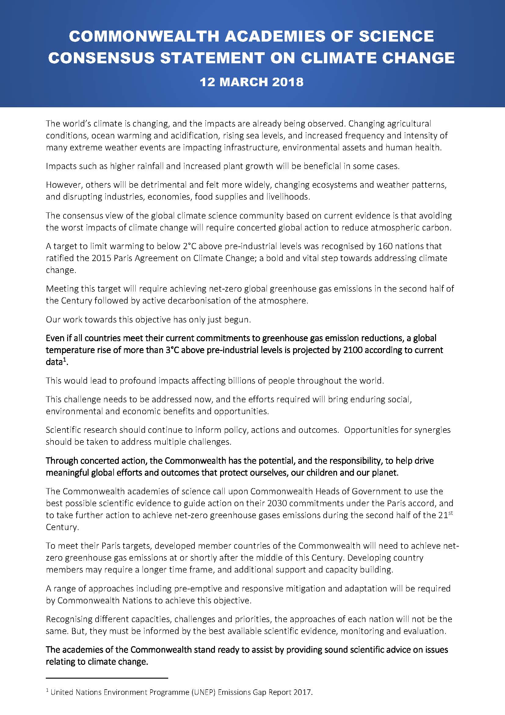 Commonwealth Academies of Science Consensus statement on climate change