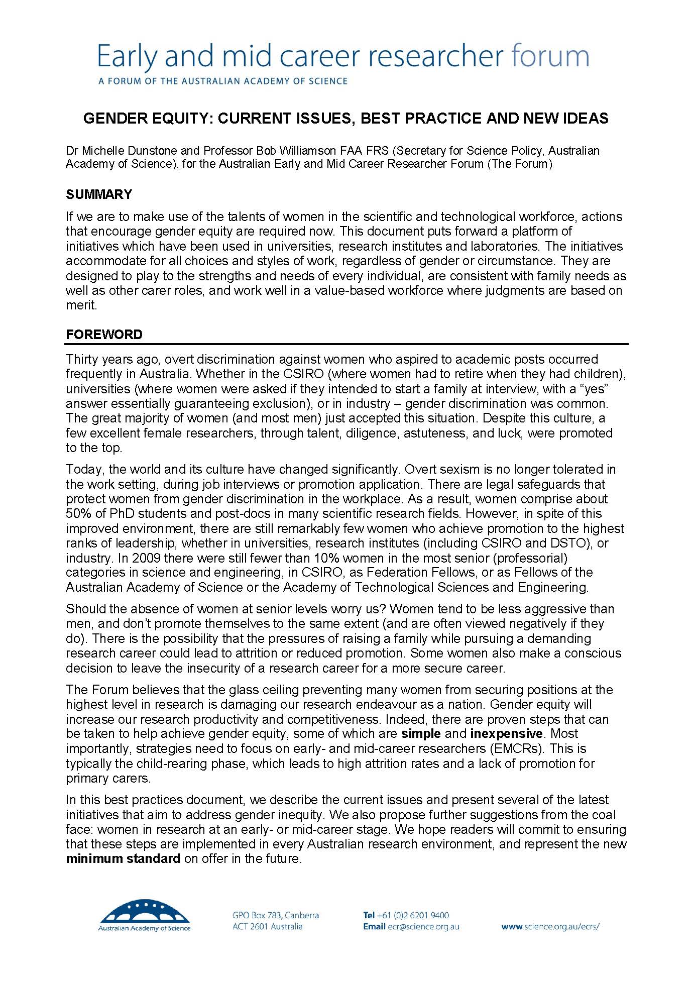 Gender equity: current issues, best practice and new ideas