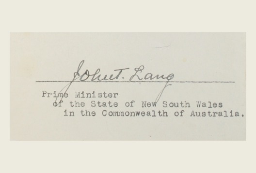 Close up of NSW Premier John T. Lang’s signature