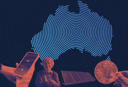 A graphic outline of Australia with stylised overlay of phone with AI on it, an old lady smiling, a solar panel and a hand holding a petri dish with bacteria growing on it
