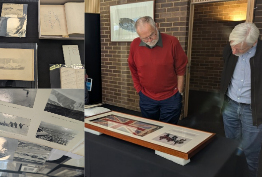 A collage of three images. Two smaller squares on the left show old photos and drawings of people on the ice. The main image shows two men looking at a framed Union Jack flag and photograph, resting on a table.
