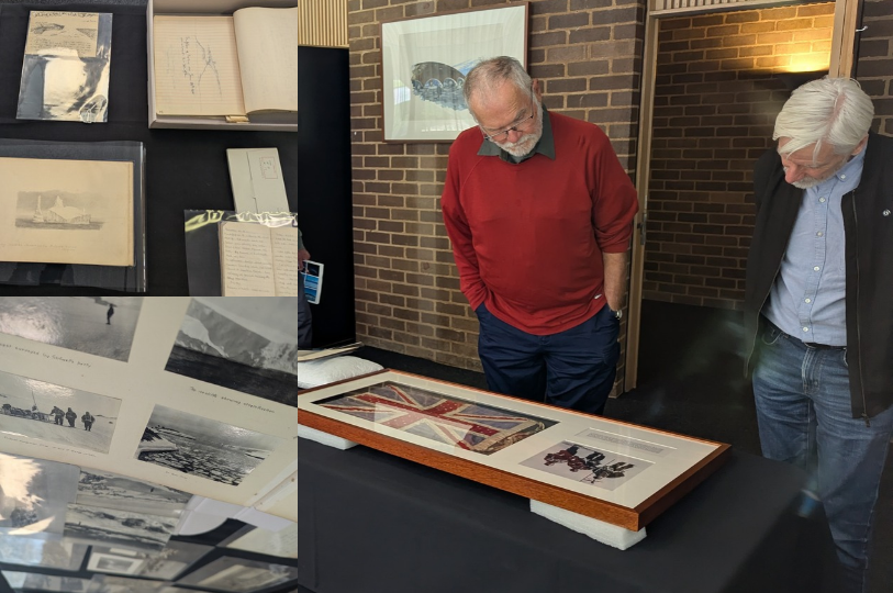 A collage of three images. Two smaller squares on the left show old photos and drawings of people on the ice. The main image shows two men looking at a framed Union Jack flag and photograph, resting on a table.
