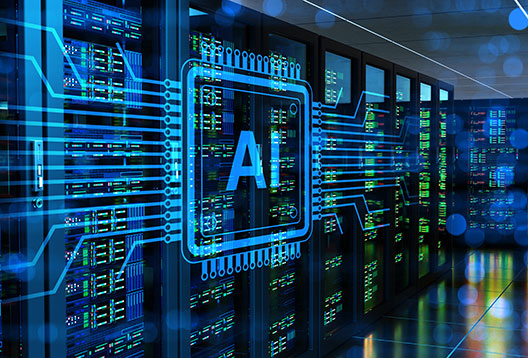 A server room with blue circuit graphic overlaid and the letters AI
