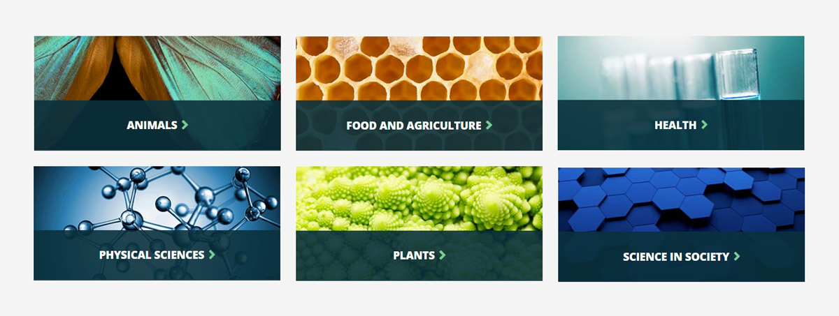 Landing website page for journals, with links to animals, food and agriculture, health, physical sciences, plants, and science in society
