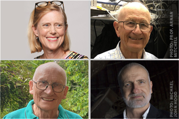 A collage of one woman and three men smiling