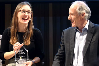 First place winner Dr Elena Schneider-Futschik with Australia's Chief Scientist Dr Alan Finkel AO FAA FTSE