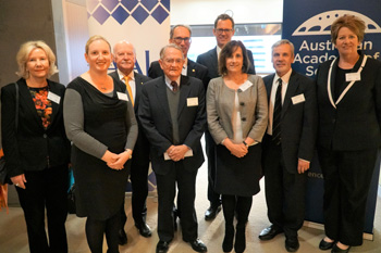 Panel moderator and speakers with the Presidents of the Australian Academy of Science and the Australian Academy of Law.