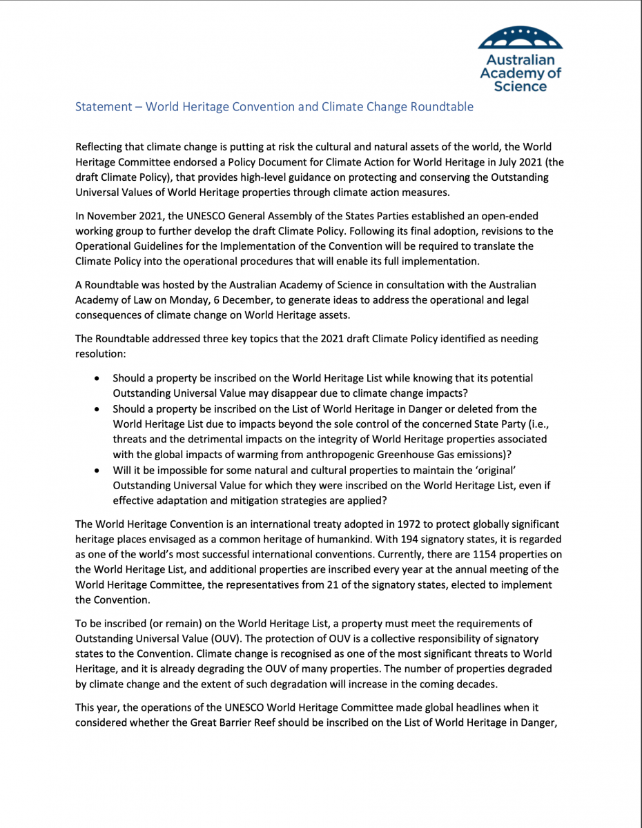 Statement – World Heritage Convention and Climate Change Roundtable 
