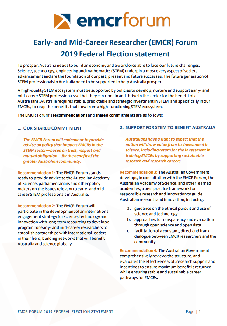 Position statement—EMCR Forum 2019 Federal Election statement