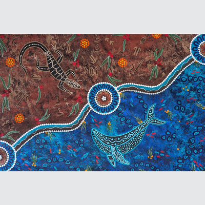 Indigenous Australian style artwork, divided diagonally into a red-brown section featuring a lizard, flowers and Indigenous artefacts, and a blue section featuring a whale and fish.