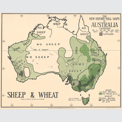 Undated map of Australia (no states marked) showing major rivers, and areas mostly in the east and far west of the country where sheep and wheat could be produced. Measurements are in square miles and bushels, and areas marked suitable for sheep are much more extensive than those for wheat.