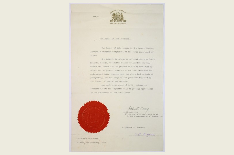 Letter of Introduction signed by NSW premier John T. Lang in 1927